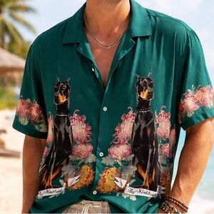 HUF Teal Doberman Dog and Floral Graphic Mens size XL Button down Shirt